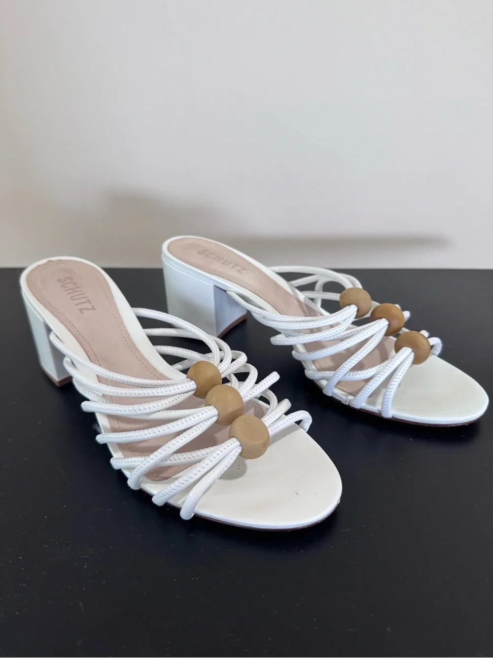 SCHUTZ Roanna White Strappy Block Heel Sandles with Tan Bead Accents